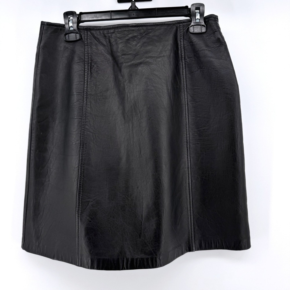 VTG Jacqueline Ferrar Leather Skirt Sz 10 Black Panel A-Line Mini Midi‎ Zip Soft